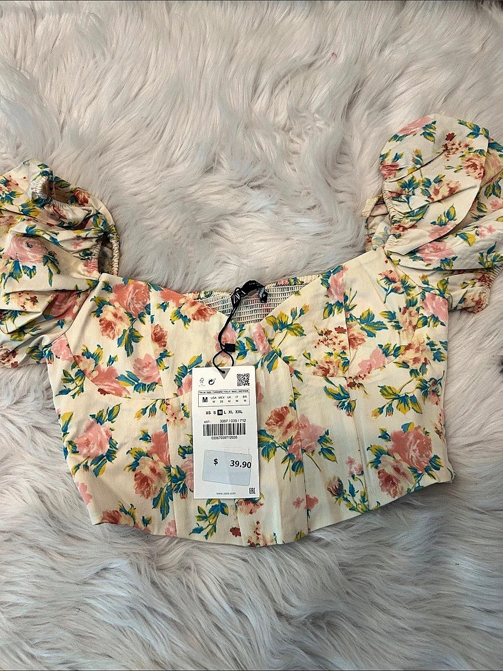 Zara Floral Print Corset Top with Puff Sleeves Cream & Pink Size Small